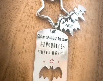 Hand stamped superhero Dad Daddy keyring with personalised name bat shape tags special gift for Father's Day birthday Christmas