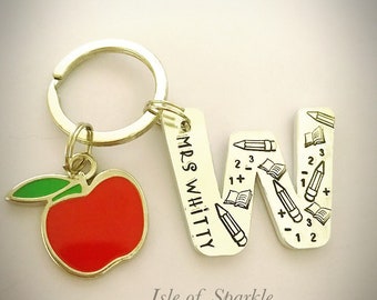 Hand stamped Teacher initial Keyring keychain personalised with name end of year gift school nursery teaching assistant fun unique