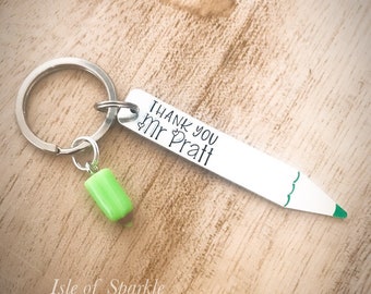 Hand stamped Pencil Keyring personalised teacher teaching assistant key worker nursery school gift keepsake coloured charm cute sweet unique