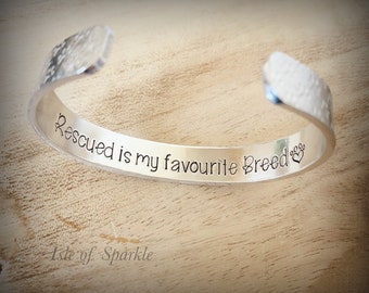 Hand stamped paw print cuff bangle Rescued is my favourite Breed foster to forever dog charity rescue. Birthday Christmas gift keepsake