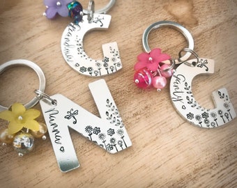 Hand stamped initial Mummy mum nanny nan granny gran keyring Mother's Day birthday Christmas pretty keyring keychain gift personalised