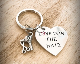 Keyring for a hairdresser, Love is in the hair, gift for a hairdresser, hairdresser Keyring, unique hairdressing gift, heart shape Keyring,