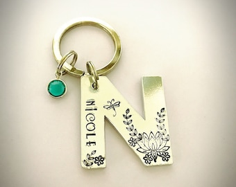 Letter Keyring, personalised name Keyring, initial name Keyring, pretty Keyring for women, floral design, personalised birthday gift, unique