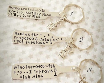 Hand stamped wine bottle keyring for wine lovers, friends and family