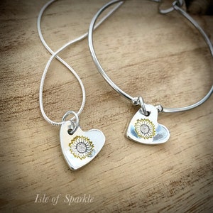 Sunflower charm bangle, charm bracelet for woman, sunflower jewellery set, summertime necklace, warm yellow, heart charm, flower heart charm