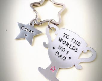 Hand stamped trophy worlds no1 Dad keyring keychain ideal personalised gift for Father's Day Christmas birthday keepsake from the children