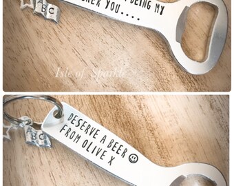 Personalised hand stamped bottle opener keyring, keychain for teacher, teaching assistant gift end of year, school, thank you, beer, fun