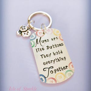 Hand stamped keyring keychain for Mums Mom Mummy Mother's Day gift mum quote buttons special keepsake unique colourful button design pretty