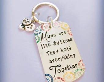Hand stamped keyring keychain for Mums Mom Mummy Mother's Day gift mum quote buttons special keepsake unique colourful button design pretty