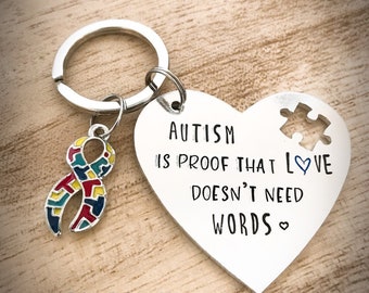 Hand stamped Autism awareness Keyring keychain autistic puzzle piece heart special keepsake love needs no words