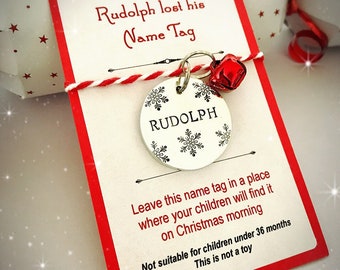 Hand stamped Rudolf's Lost name tag Christmas Eve box fun keepsake jingly red bell magic magical childrens believe in santa