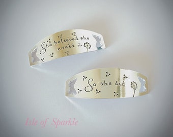 Hand stamped pair of Trainer tags with dandelion and butterfly design and motivational quote She believed she could so she did runner gift