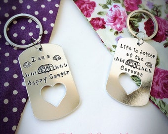 Hand stamped caravan camping touring RV keyring keychain happy fun keepsake gift