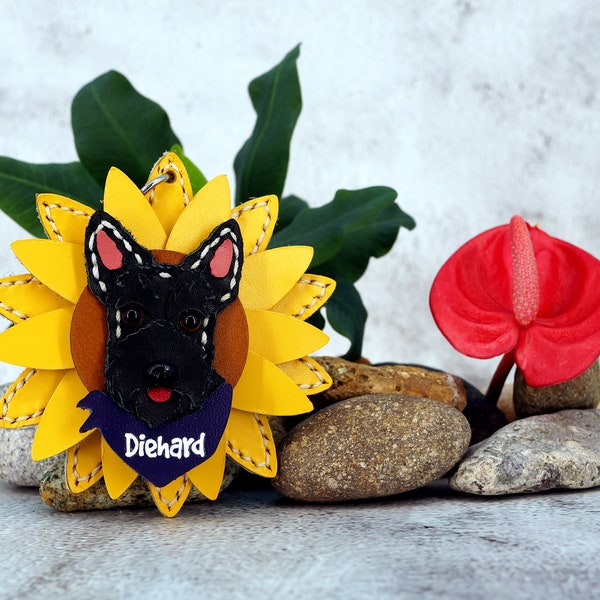 Cute Scottish Terrier (a.k.a. Diehard or Scottie) Sunflower Genuine Leather Bag Charm