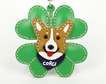 Cute Welsh Corgi Pembroke 4-leaf Clover Genuine Leather Bag Charm