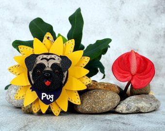 Cute Pug Sunflower Genuine Leather Bag Charm