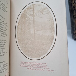 K&ouml;nnte beinhalten: Ein Vintage-Buch mit einem Schwarzwei&szlig;foto eines Waldes. Der Text auf der Seite lautet: "Es gibt in der weiten Welt kein Tal so s&uuml;&szlig; wie das Tal, dessen Busen die hellen Wasser treffen; Oh! die letzten Strahlen des Gef&uuml;hls und des Lebens m&uuml;ssen verschwinden, Ehe die Bl&uuml;te dieses Tals aus meinem Herzen verblasst!" Die Begegnung der Wasser. Seite 272.