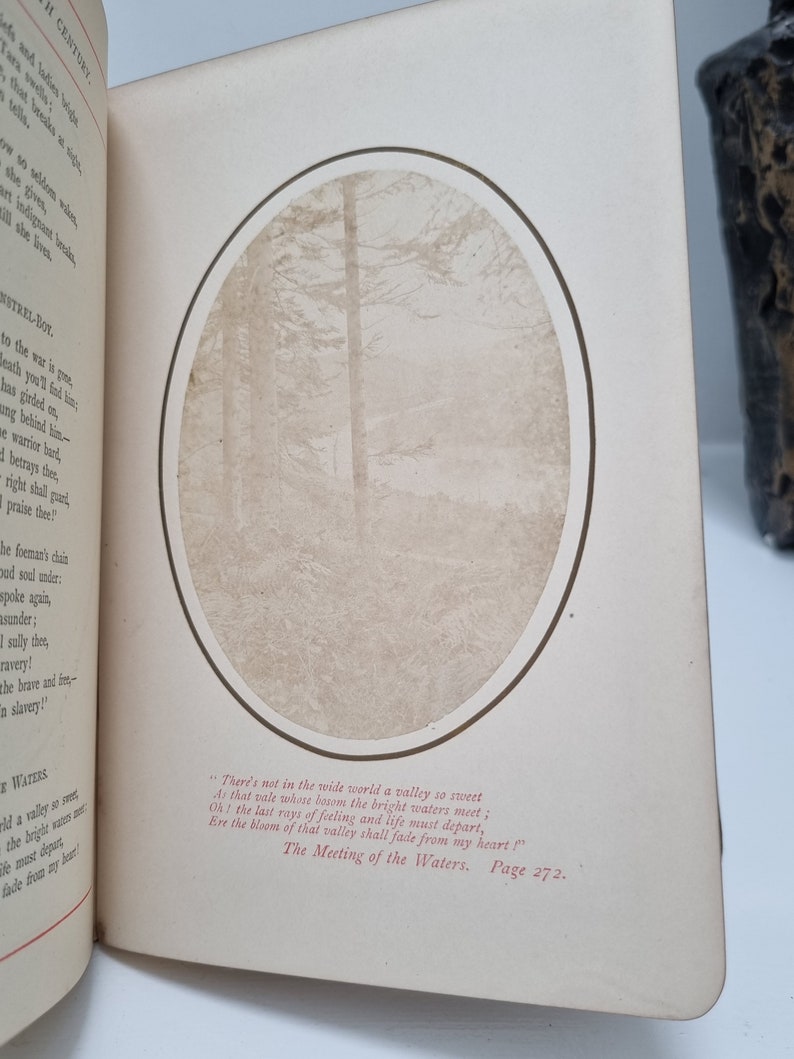 K&ouml;nnte beinhalten: Ein Vintage-Buch mit einem Schwarzwei&szlig;foto eines Waldes. Der Text auf der Seite lautet: "Es gibt in der weiten Welt kein Tal so s&uuml;&szlig; wie das Tal, dessen Busen die hellen Wasser treffen; Oh! die letzten Strahlen des Gef&uuml;hls und des Lebens m&uuml;ssen verschwinden, Ehe die Bl&uuml;te dieses Tals aus meinem Herzen verblasst!" Die Begegnung der Wasser. Seite 272.