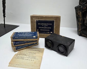 Estereoscopio raro y 36 diapositivas de vidrio / Recuerdo del Museo Pontificio Vaticano / En caja / Completo