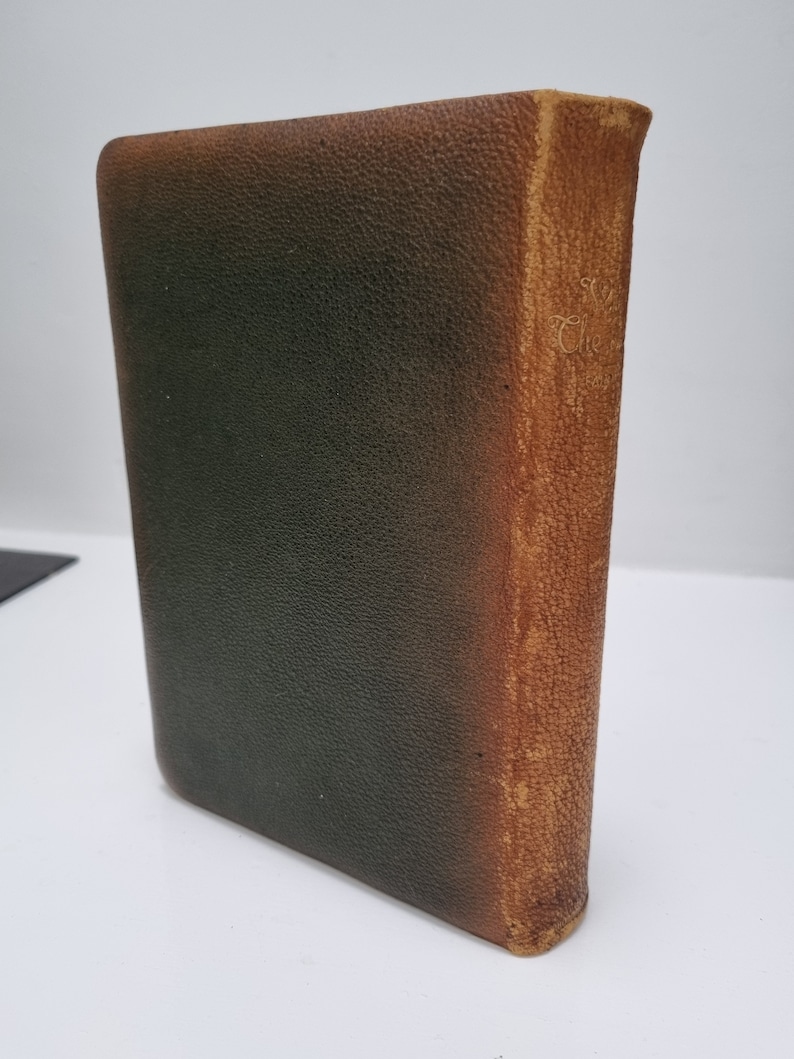 K&ouml;nnte beinhalten: Ein Vintage-Buch mit Lederbindung, dunkelgr&uuml;nem Einband und braunem R&uuml;cken. Der R&uuml;cken tr&auml;gt den Text "The" und einen weiteren Text, der nicht sichtbar ist.