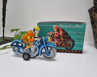 Vintage Tinplate Motorcycle and Rider / Lemezaru Gyar Hungary / Boxed and Working / Friction Toy / Lithograph