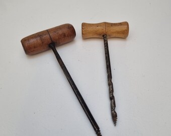 2 x Vintage Gimlet Hand Drill / Twist Drill / Screw Awl / Gouge with Wooden Handle