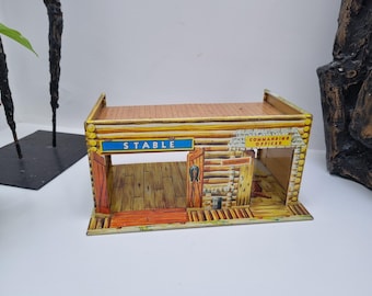 Vintage Mettoy Tinplate Wild West Fort Commanding Officer Log Cabin and Stables