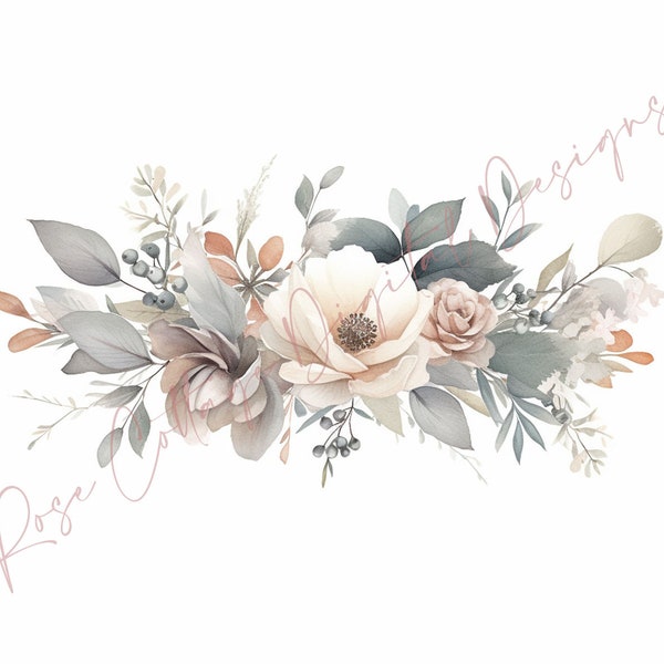 DIGITAL DOWNLOAD vintage rustic soft water colour graphic floral spray apricot sage taupe peonies downloadable PNG clip art wedding