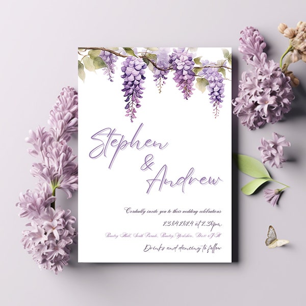 Wisteria Wedding Invitation Wedding Invite Floral Wedding invitation Template Download Customizable DIY Editable Lilac purple sage green