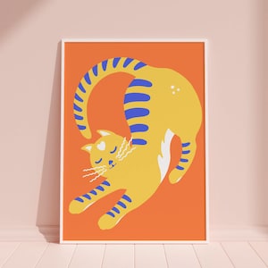 Chat jaune - impression d'art, affiche, carte postale, illustration - décoration colorée pour chambre d'enfant, cadeau pour bébé, design animalier, ami des animaux de compagnie