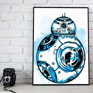 Blue BB-8 Poster – Digital Watercolor and Linework Wall Art – Modern Star Wars Decor – BB8 Fan Gift – Geeky Illustration – Instant Download