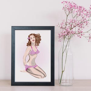 Pinup Girl in Pink Bikini – Retro Summer Wall Decor – Sexy Bikini Poster – 1950s Inspired Artwork – Modern Pinup Art – Instant Download