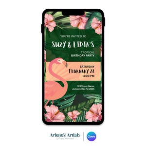 Invitación con flamenco tropical – Invitación editable en Canva – Fiesta de cumpleaños luau – Fiesta tropical hawaiana – Descarga digital