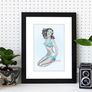 Pinup Girl in Blue Bikini – Retro Summer Wall Decor – Sexy Bikini Poster – 1950s Inspired Artwork – Modern Pinup Art – Instant Download