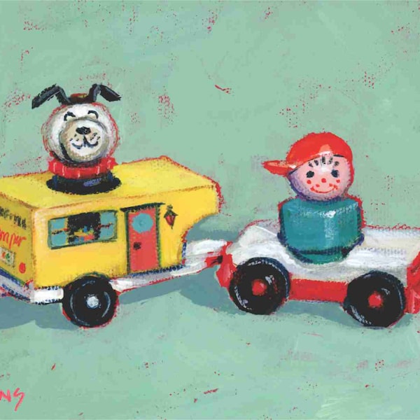 Going camping!  With Vintage Fisher Price Little People boy, dog and trailer. Matted print of an original acrylic painting by Greta Watkins