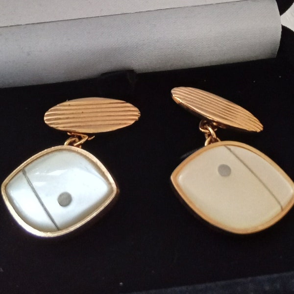 Pearl Enamel Gold Plated Chain and Bar Vintage Cuff Links, boxed