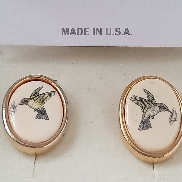 Hummingbird Engraving Vintage Earrings, by STEPHEN BARLOW, American artist, gift boxed