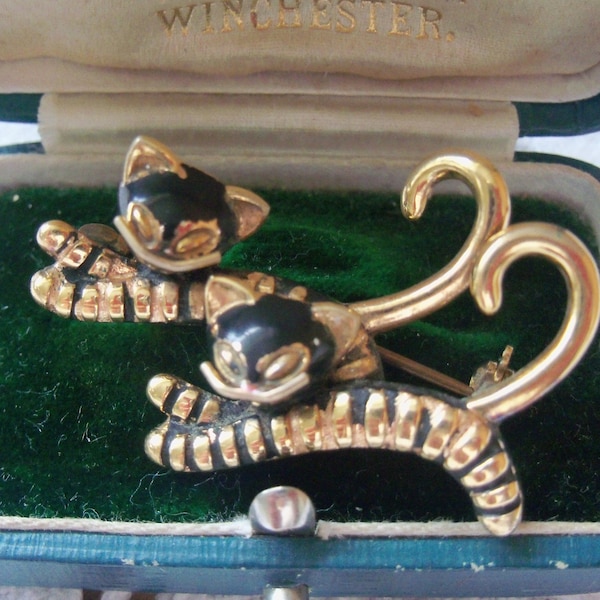 KOLLMAR JOURDAN  Black Enamel Gold Plated Vintage Cat Brooch, Very Collectable,  Pforzheim Germany,  signed, gift bag