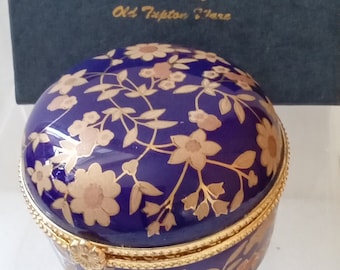 OLD TUPTON WARE Hand Painted Royal Blue and Gold Trinket Box, hinged lid,  branded satin lined box