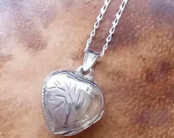 Sterling Silver Locket, Heart shape, hinged with photo spaces, Silver chain, stamped 925