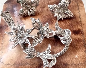 Marcasite Flower Spray Vintage Brooch with Earrings, gift boxed,