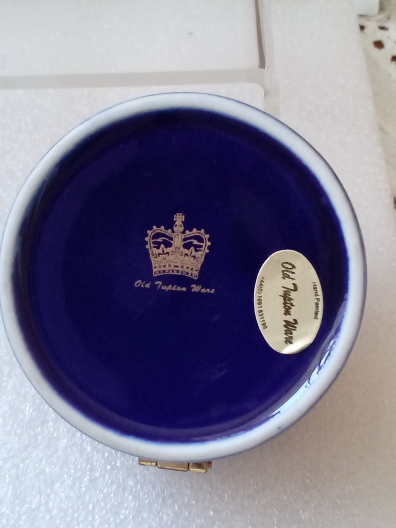 OLD TUPTON WARE Hand Painted Royal Blue and Gold Trinket Box, hinged lid, branded satin lined box image 4