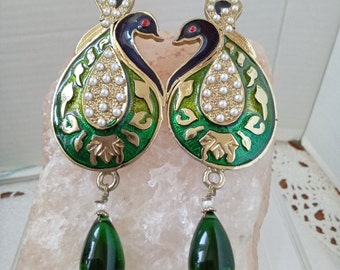 PEACOCK Green Enamel Drop Earrings, gift bag