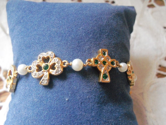 Celtic Motif Vintage Panel Bracelet, Green and Cl… - image 4