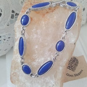 SARAH COVENTRY GB Cobalt Blue Enamel Cabochons Vintage Link Bracelet, signed, gift bag,
