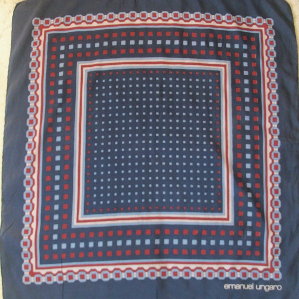 Vintage Designer EMANUEL UNGARO Navy Silk Geometric Pattern Scarf, hand rolled hems, signed