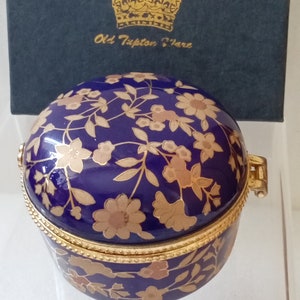 OLD TUPTON WARE Hand Painted Royal Blue and Gold Trinket Box, hinged lid, branded satin lined box image 2