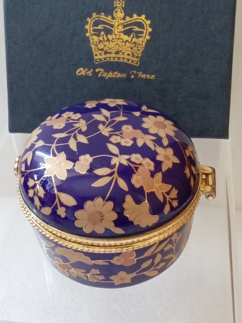 OLD TUPTON WARE Hand Painted Royal Blue and Gold Trinket Box, hinged lid, branded satin lined box image 2