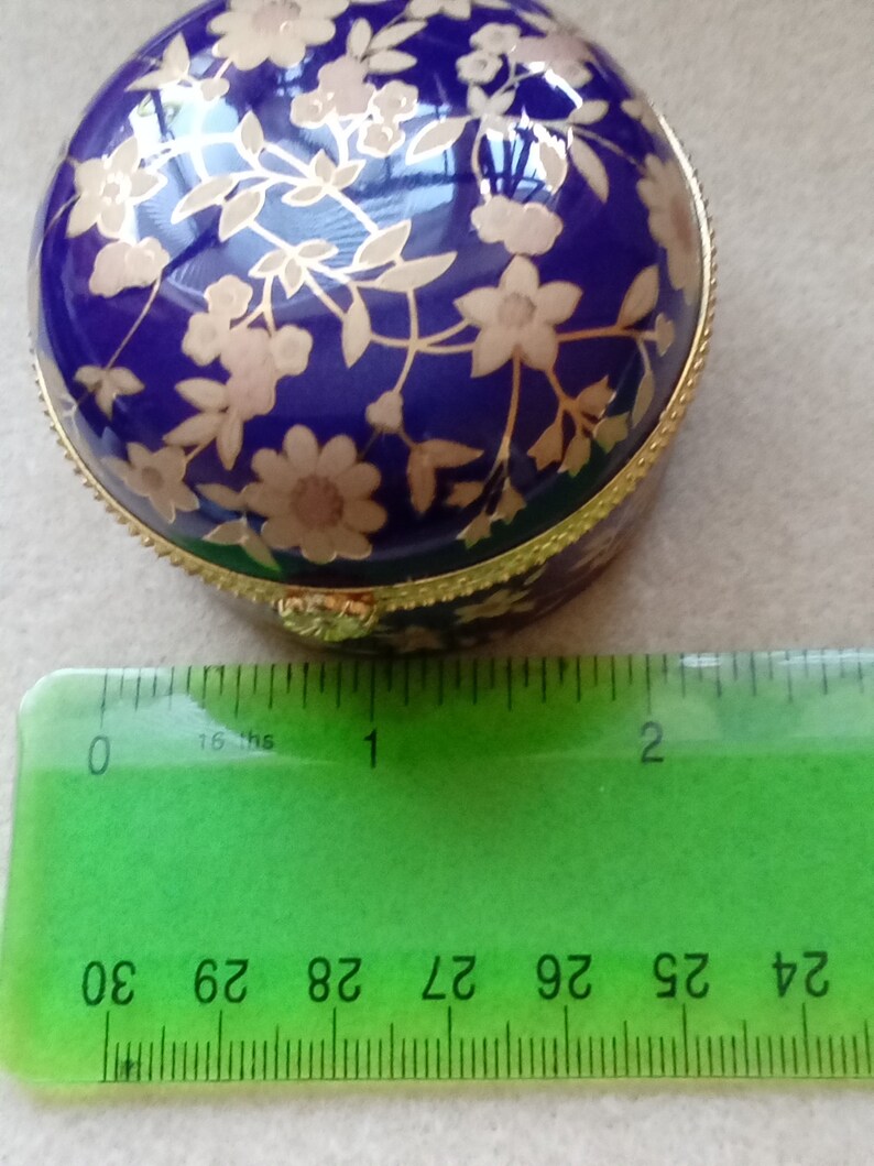 OLD TUPTON WARE Hand Painted Royal Blue and Gold Trinket Box, hinged lid, branded satin lined box image 6
