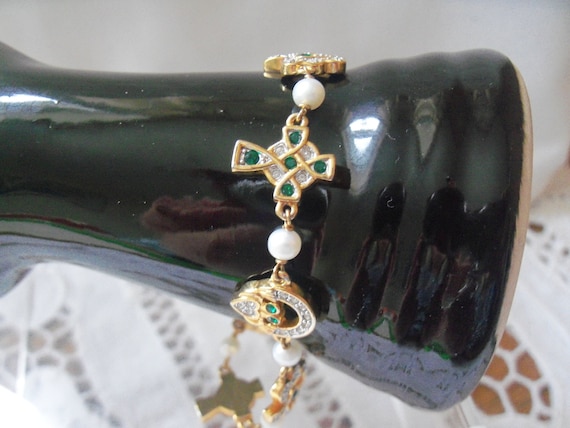 Celtic Motif Vintage Panel Bracelet, Green and Cl… - image 1